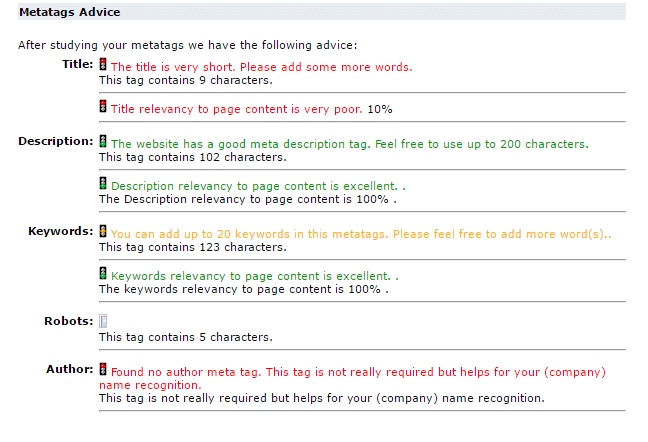 webpage metatags analyzer result and advice title, description, keywords and robots